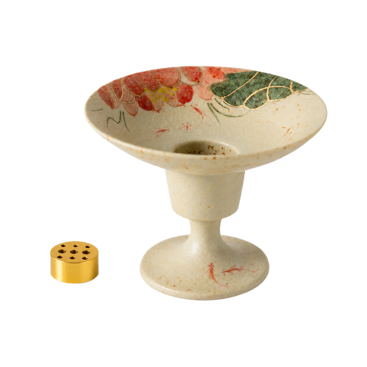 Ceramic Stemmed Incense Holder-Lotus Red Carp Design