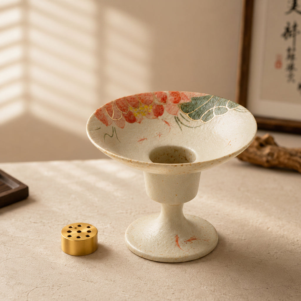 Ceramic Stemmed Incense Holder-Lotus Red Carp Design