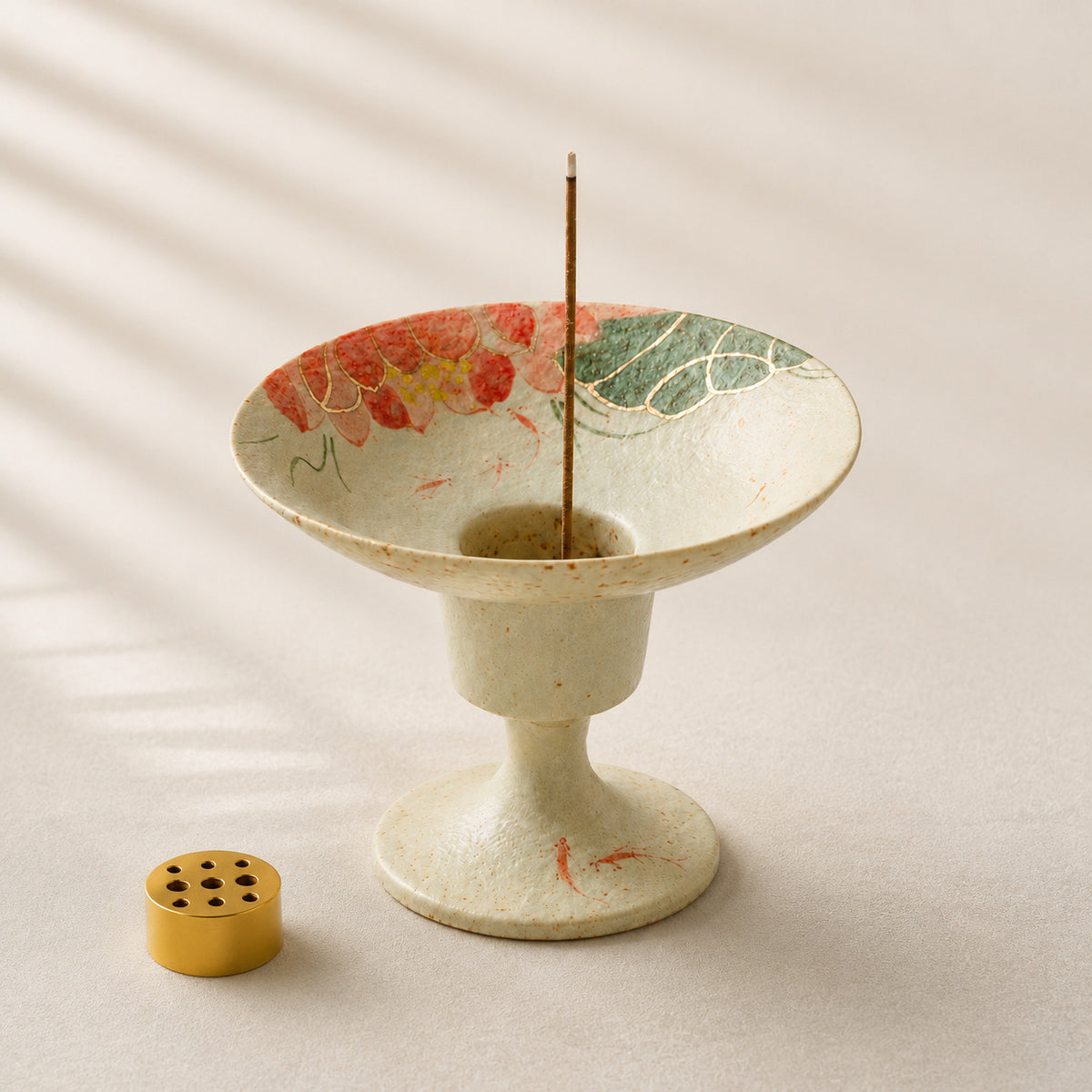 Ceramic Stemmed Incense Holder-Lotus Red Carp Design