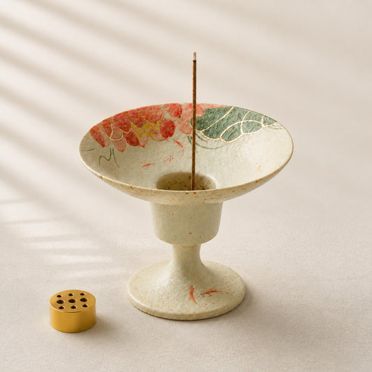 Ceramic Stemmed Incense Holder-Lotus Red Carp Design
